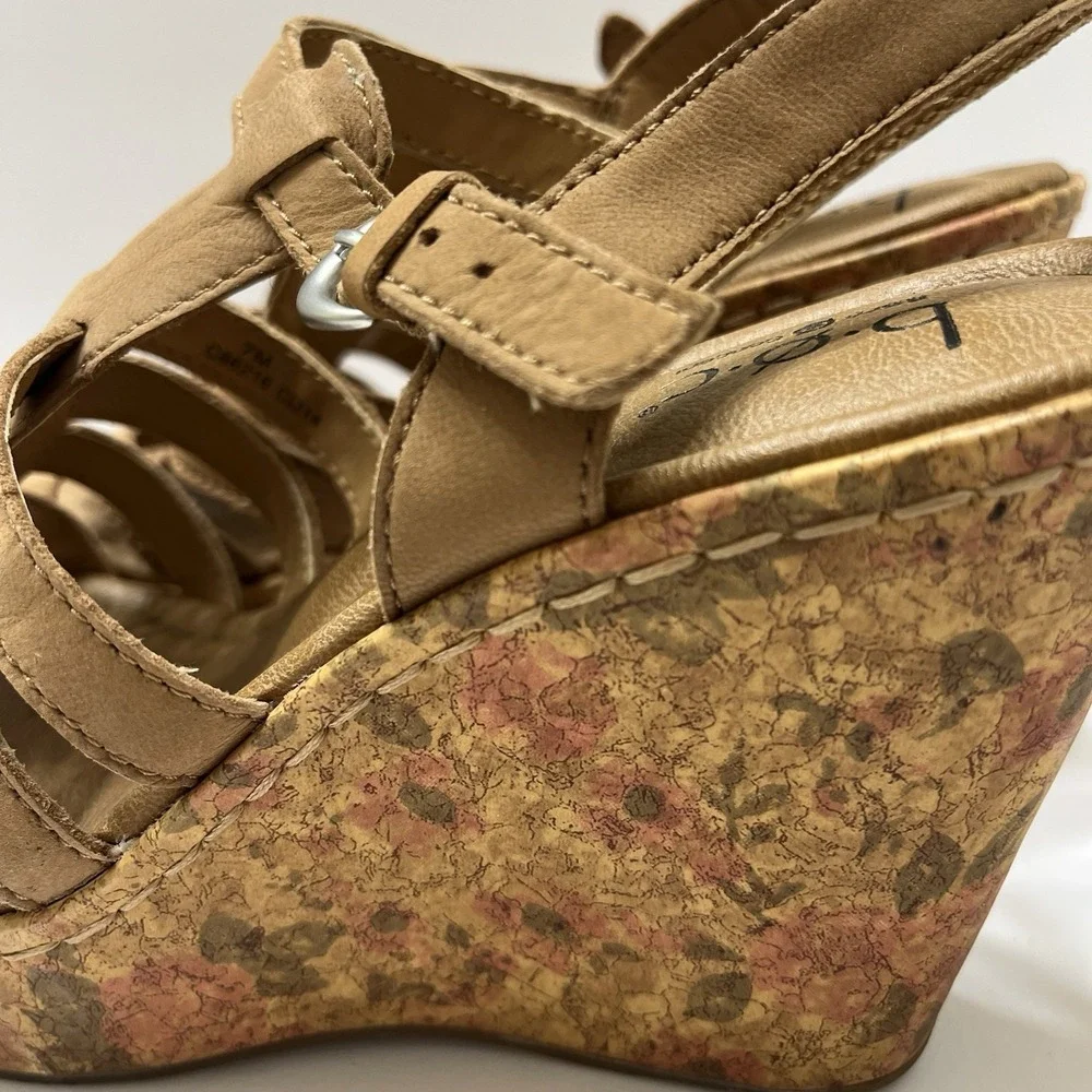 b.ø.c By Born Wedge Floral Cork Sole Sandals Brown Leather Cross Straps 6.5